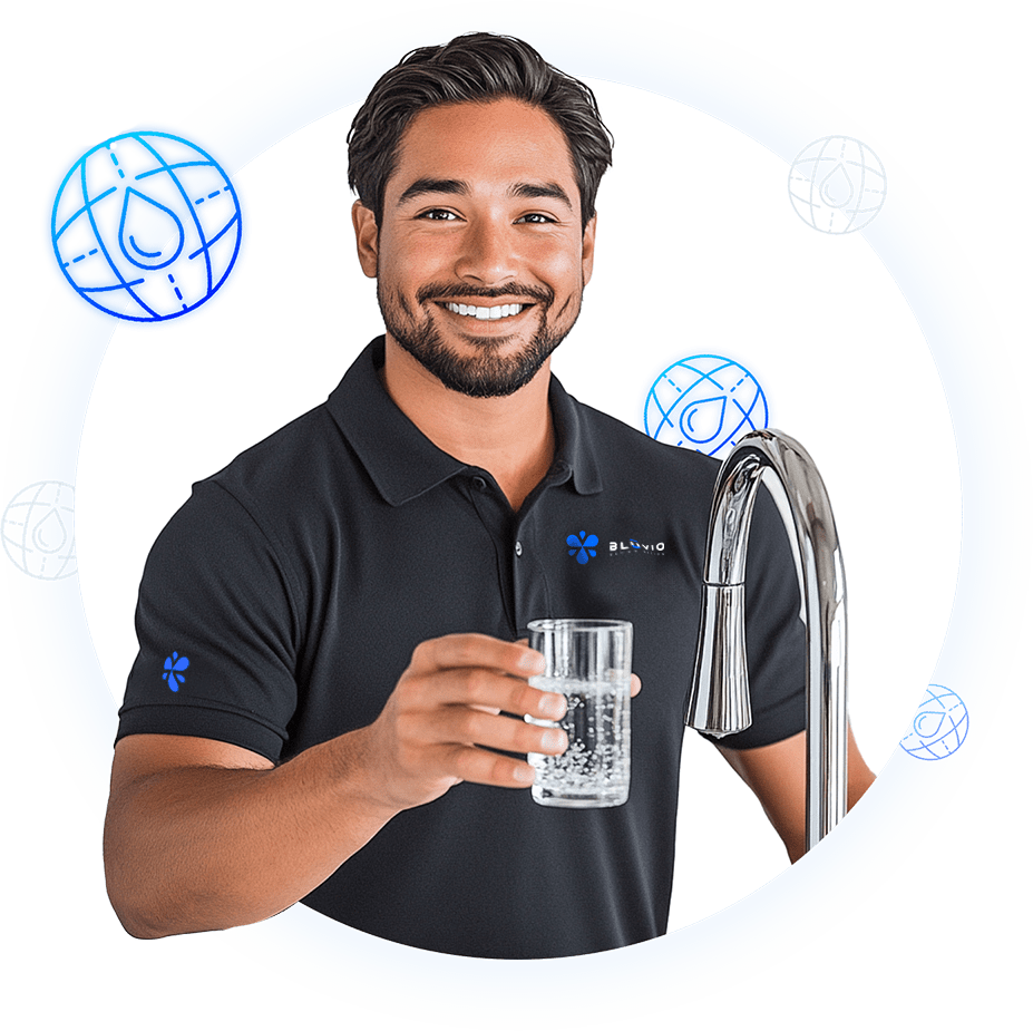 Smiling Bluvio water specialist holding a glass of filtered water at a modern faucet