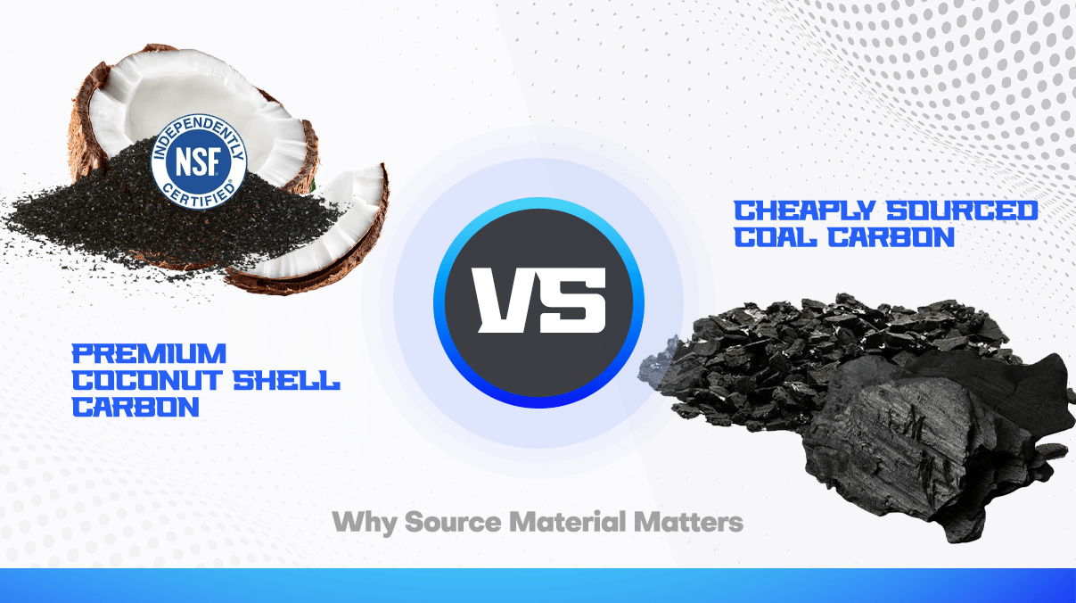 Side-by-side image of premium coconut shell carbon vs cheaply sourced coal carbon used in whole-home water filters