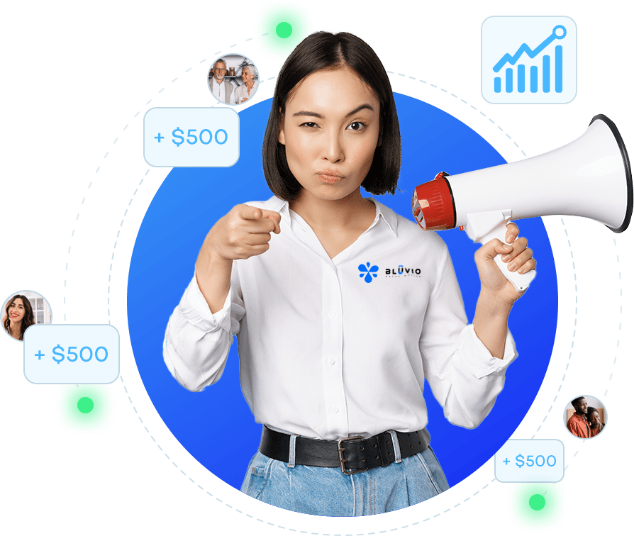 Woman holding a megaphone with Bluvio logo, promoting the ambassador referral program with $500 payouts per referral.