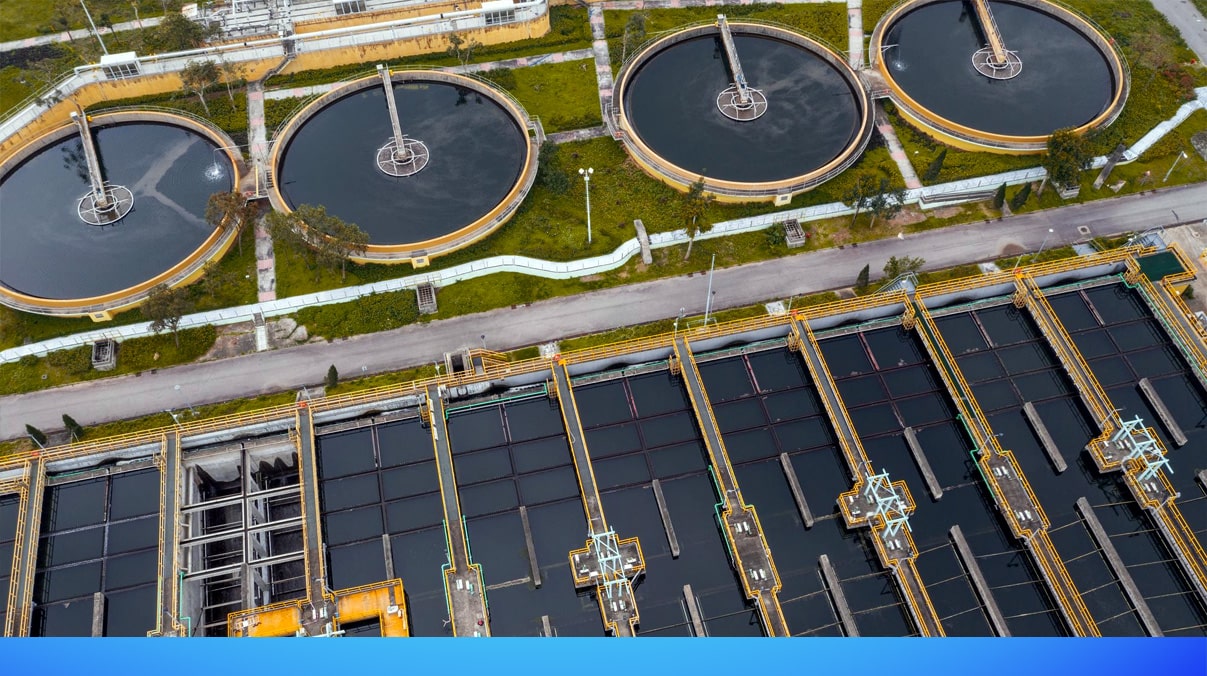 Aerial view of a municipal water treatment facility illustrating how drinking water is processed to meet EPA standards before distribution to homes