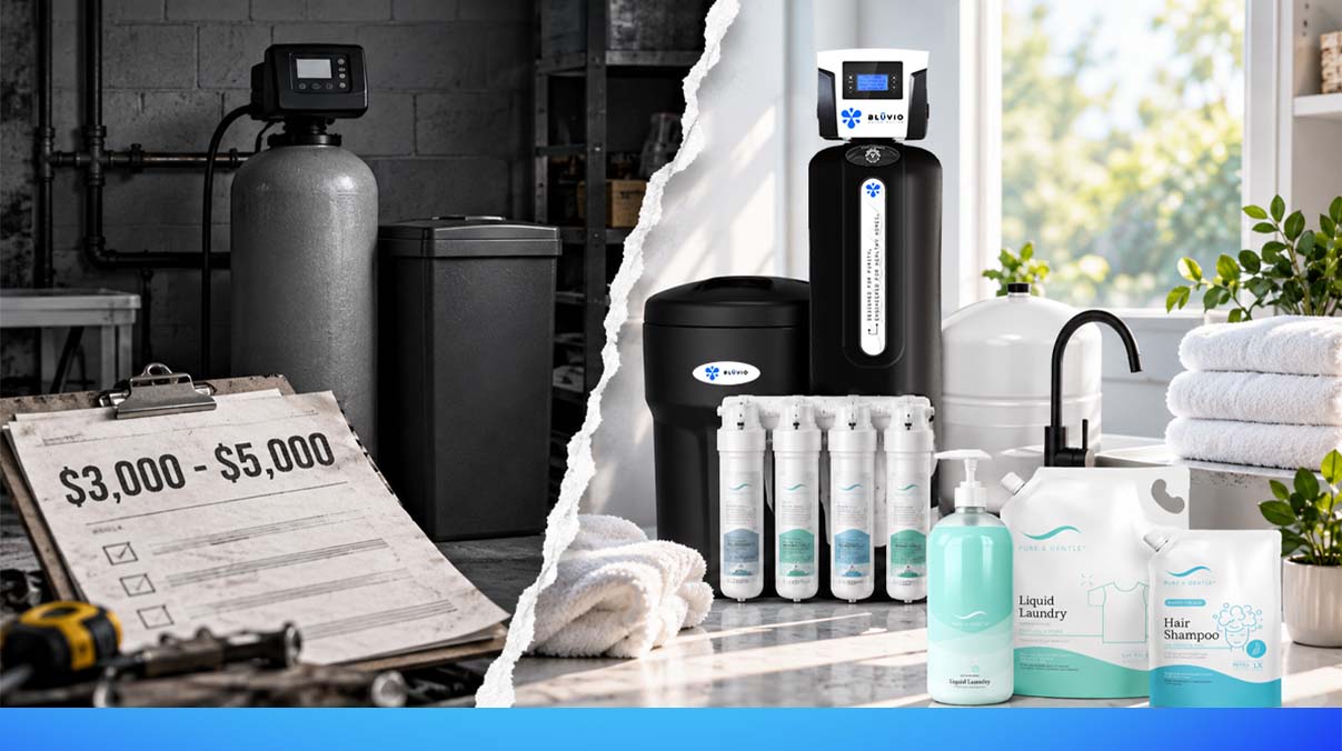 Side-by-side comparison of a basic $3,000–$5,000 water softener and a complete Bluvio home water treatment system with reverse osmosis and Pure & Gentle products.